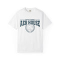 Zodiac Academy Aer House tee from thtgrlreads features a vintage wash Comfort Colors graphic tee in white with bold navy collegiate-style print and laurel wreath design.