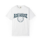 Zodiac Academy Aer House tee from thtgrlreads features a vintage wash Comfort Colors graphic tee in white with bold navy collegiate-style print and laurel wreath design.