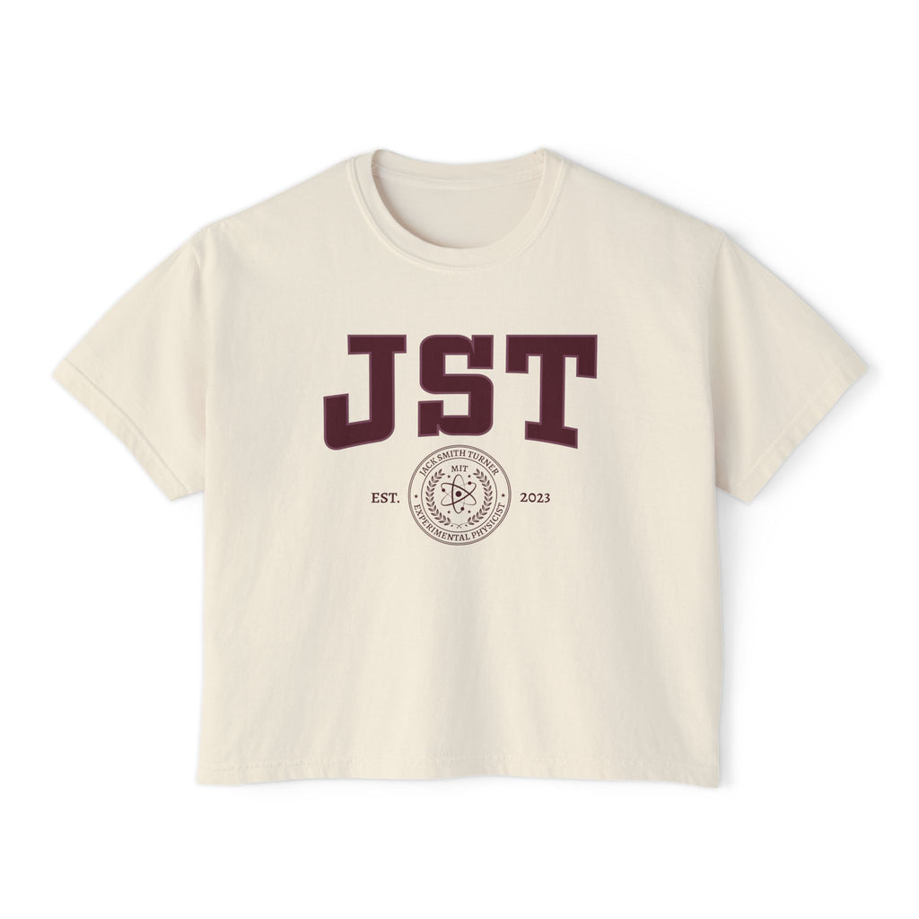 Cream Comfort Colors crop top with maroon JST lettering and academic seal inspired by Love Theoretically by Ali Hazelwood from thtgrlreads Tees