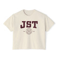 Cream Comfort Colors crop top with maroon JST lettering and academic seal inspired by Love Theoretically by Ali Hazelwood from thtgrlreads Tees