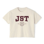 Cream Comfort Colors crop top with maroon JST lettering and academic seal inspired by Love Theoretically by Ali Hazelwood from thtgrlreads Tees