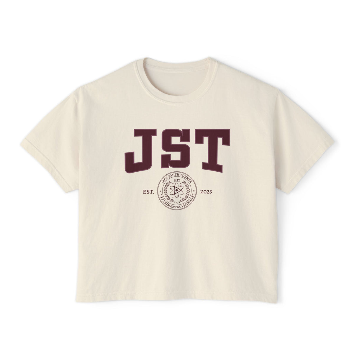 Cream Comfort Colors crop top with maroon JST lettering and academic seal inspired by Love Theoretically by Ali Hazelwood from thtgrlreads Tees