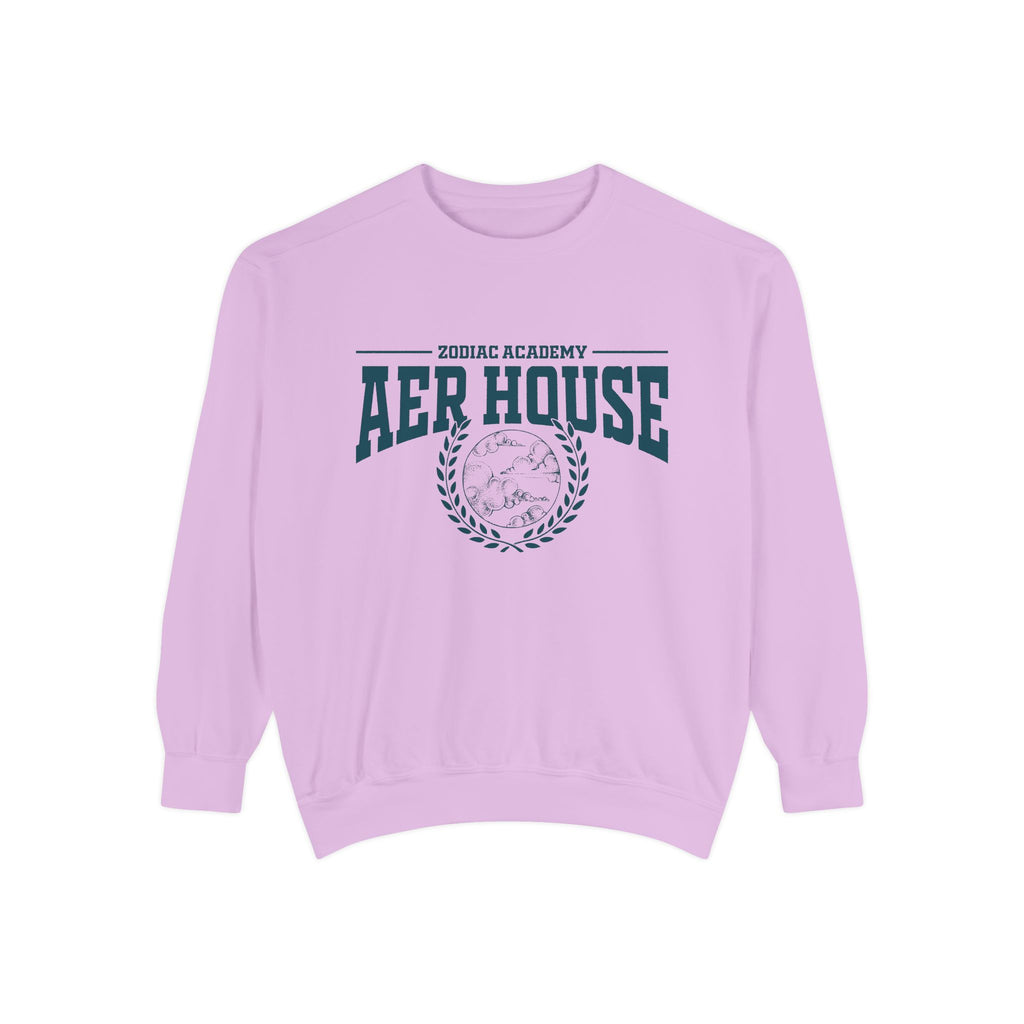 Zodiac Academy Aer House oversized crewneck sweatshirt by thtgrlreads in soft lavender with vintage puff print graphic and comfortable cotton blend, part of Zodiac Academy crewnecks.