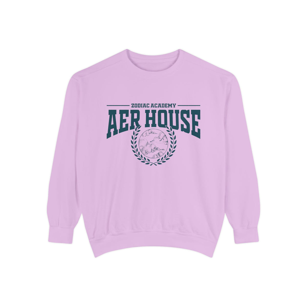 Zodiac Academy Aer House oversized crewneck sweatshirt by thtgrlreads in soft lavender with vintage puff print graphic and comfortable cotton blend, part of Zodiac Academy crewnecks.