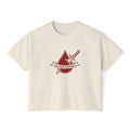 Thtgrlreads Bloodwing Academy crop top featuring a vintage-wash comfort colors fabric with a bold graphic of a blood drop and sword and "Blood Guard" banner in deep red, part of officially licensed bookish apparel collections.