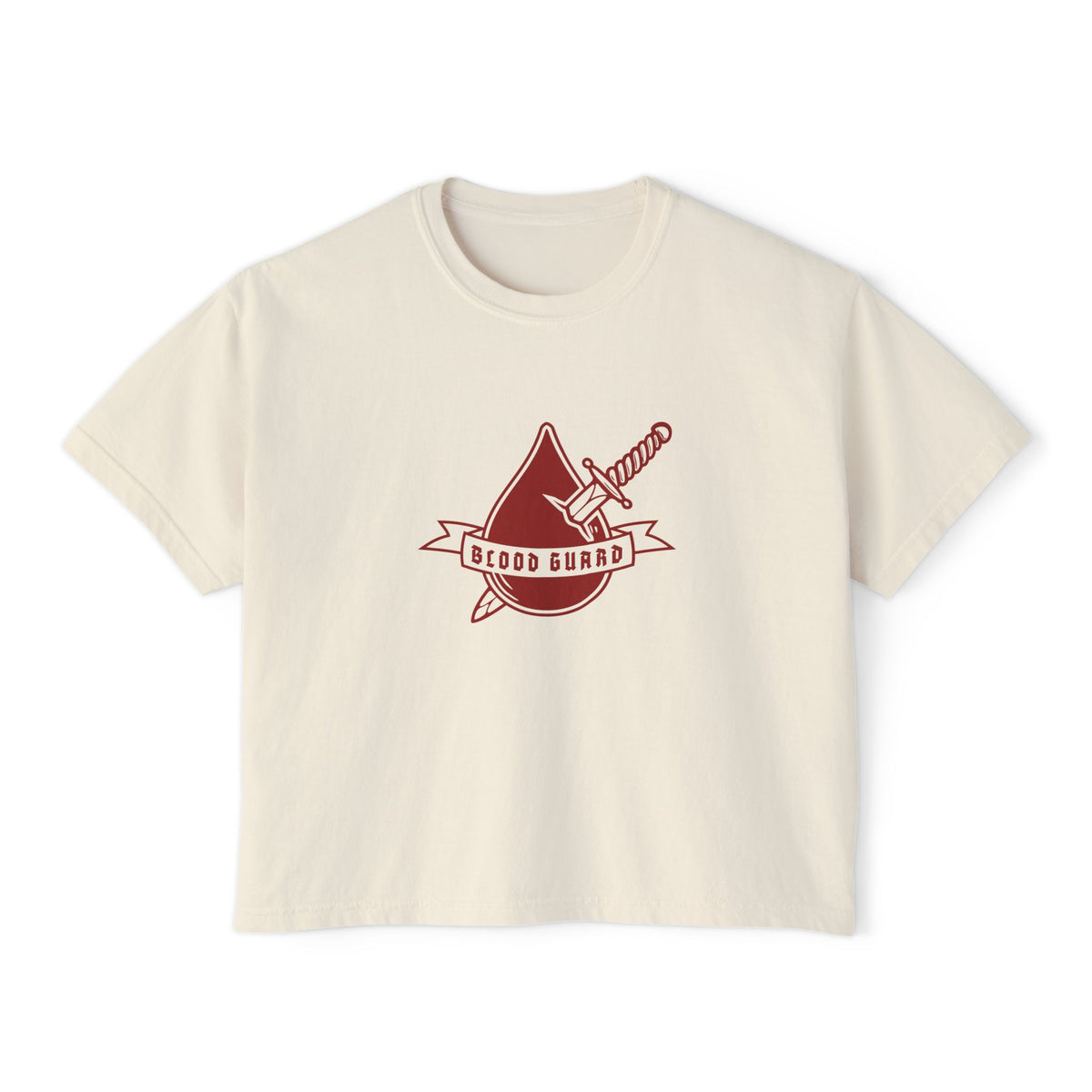 Thtgrlreads Bloodwing Academy crop top featuring a vintage-wash comfort colors fabric with a bold graphic of a blood drop and sword and "Blood Guard" banner in deep red, part of officially licensed bookish apparel collections.