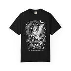 Thtgrlreads Liv Zander collection comfort colors graphic tee featuring a white vintage-style print of a large bird, skulls, and floral elements with gothic font text on a black fabric.