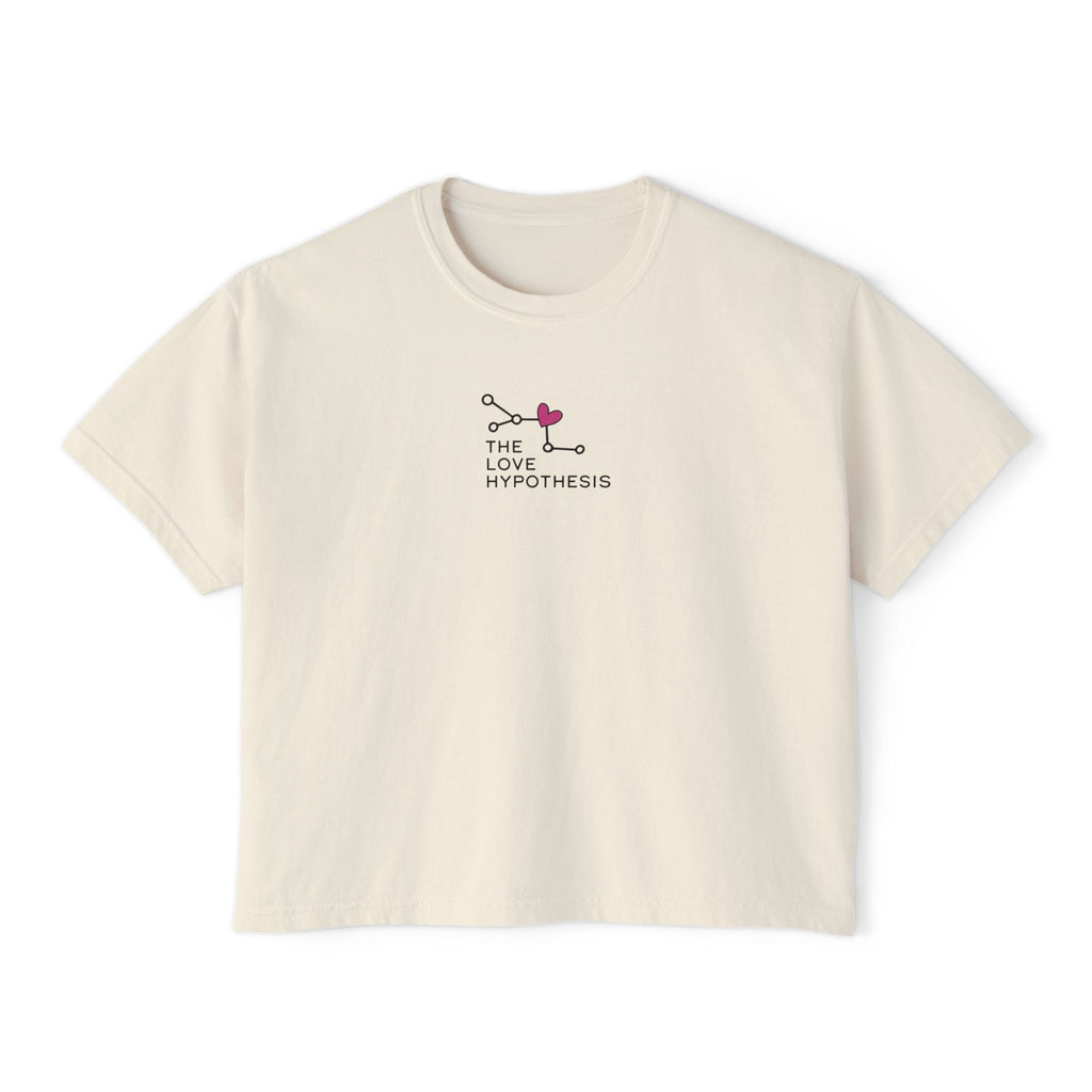 Cream cropped Comfort Colors tee with a small Love Hypothesis graphic in pink and black, inspired by Ali Hazelwood and offered by Thtgrlreads in the Tees collection