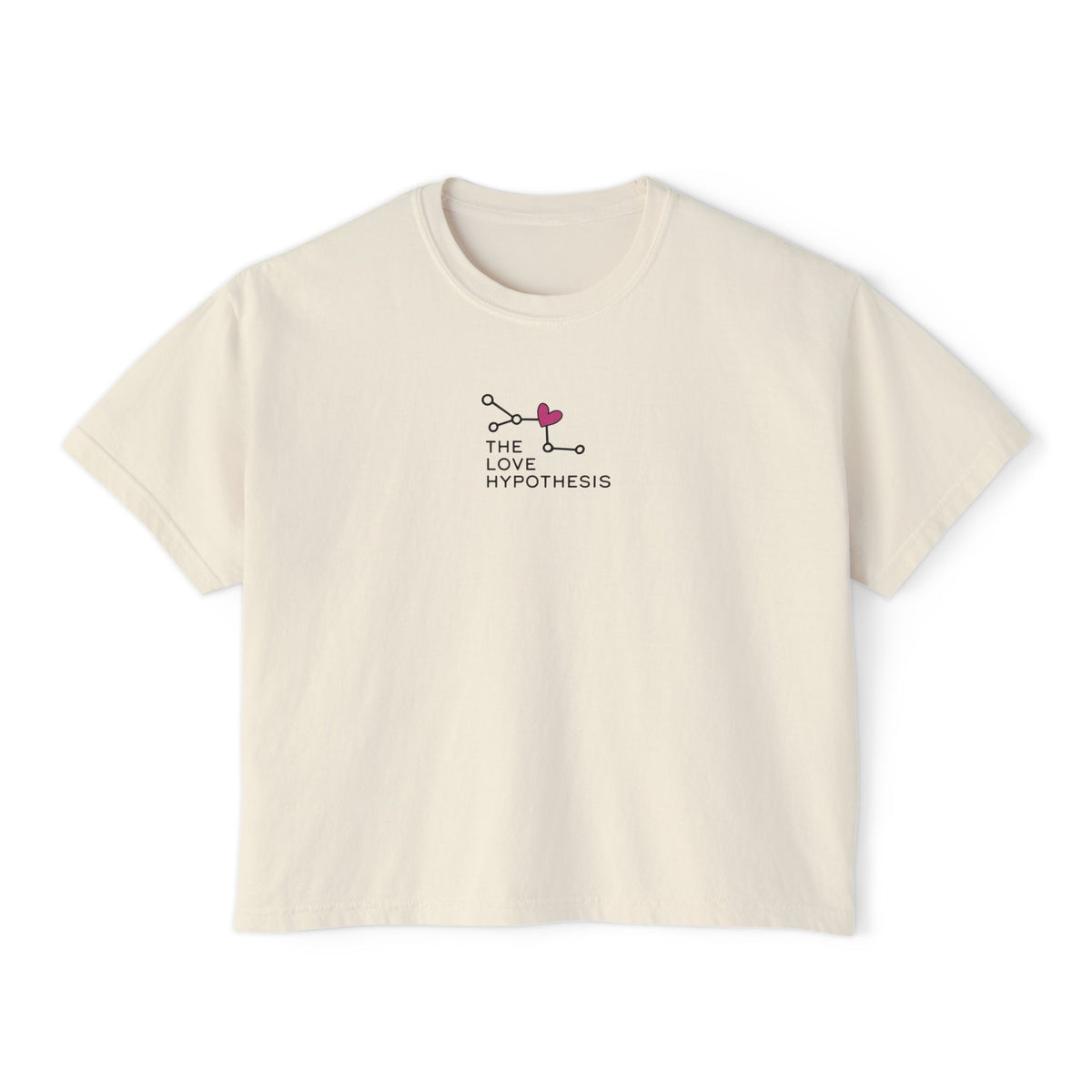 Cream cropped Comfort Colors tee with a small Love Hypothesis graphic in pink and black, inspired by Ali Hazelwood and offered by Thtgrlreads in the Tees collection