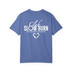 Thtgrlreads Book Bestie collection comfort colors graphic tee in vintage washed blue with bold white "Club Slow Burn" text and flame heart design, unisex fit.