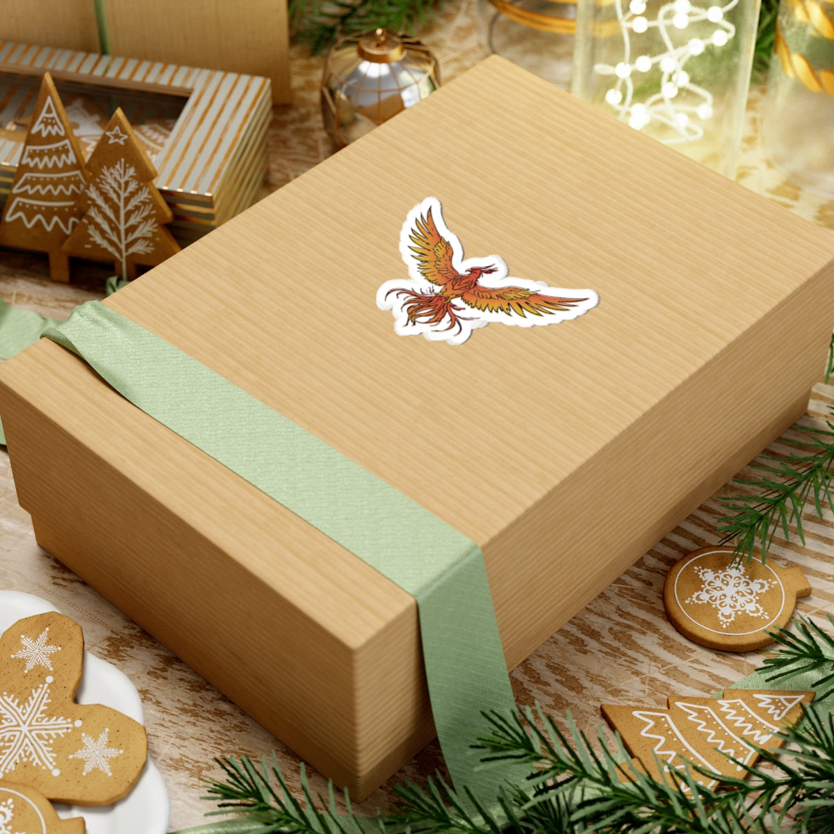 A thtgrlreads phoenix sticker from the Kindred's Curse Saga collection, featuring a detailed fiery bird design on a gift box, surrounded by festive holiday decorations.