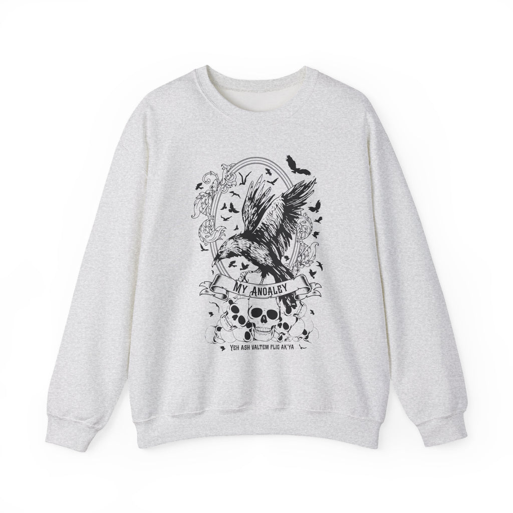 A Thtgrlreads Liv Zander collection oversized crewneck sweatshirt in vintage-washed Comfort Colors fabric featuring a black gothic-style print of a crow, skulls, roses, and flying bats with "My Anoaley" text.