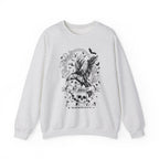 A Thtgrlreads Liv Zander collection oversized crewneck sweatshirt in vintage-washed Comfort Colors fabric featuring a black gothic-style print of a crow, skulls, roses, and flying bats with "My Anoaley" text.