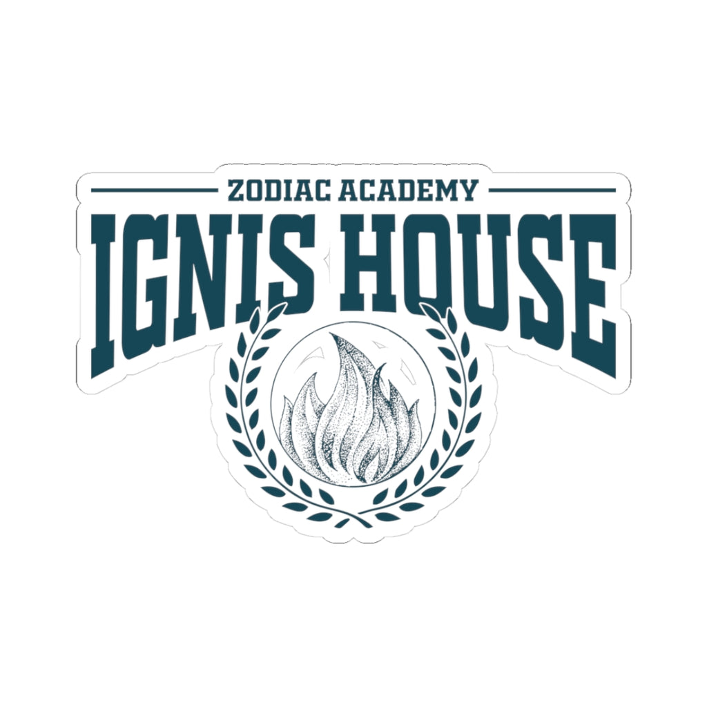Sticker from thtgrlreads featuring a vintage-style design for Zodiac Academy’s Ignis House, with bold collegiate text and a laurel wreath encircling a stylized flame graphic.