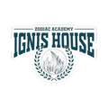 Sticker from thtgrlreads featuring a vintage-style design for Zodiac Academy’s Ignis House, with bold collegiate text and a laurel wreath encircling a stylized flame graphic.