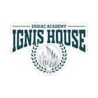 Sticker from thtgrlreads featuring a vintage-style design for Zodiac Academy’s Ignis House, with bold collegiate text and a laurel wreath encircling a stylized flame graphic.