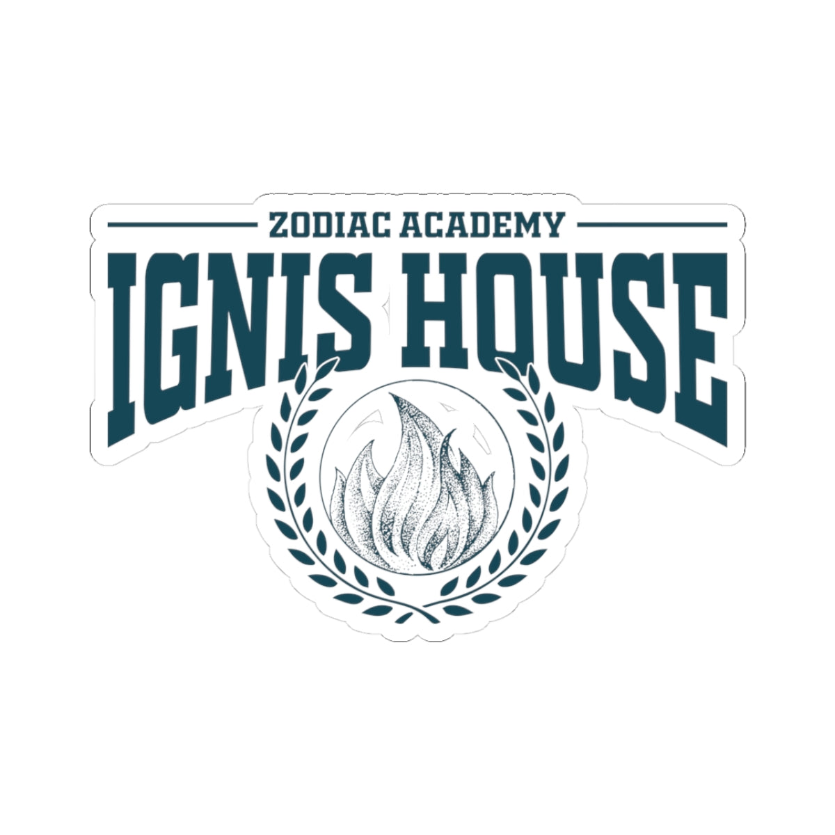 Sticker from thtgrlreads featuring a vintage-style design for Zodiac Academy’s Ignis House, with bold collegiate text and a laurel wreath encircling a stylized flame graphic.