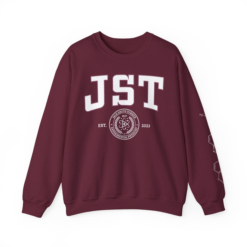 Burgundy JST crewneck sweatshirt with bold white lettering, a circular MIT emblem, and sleeve graphics from Thtgrlreads Ali Hazelwood collection