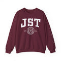 Burgundy JST crewneck sweatshirt with bold white lettering, a circular MIT emblem, and sleeve graphics from Thtgrlreads Ali Hazelwood collection