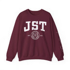 Burgundy JST crewneck sweatshirt with bold white lettering, a circular MIT emblem, and sleeve graphics from Thtgrlreads Ali Hazelwood collection