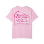 Zodiac Academy inspired Comfort Colors graphic tee from thtgrlreads featuring vintage-style pink print of Geraldine's buttery bagels on a soft light pink cotton blend.