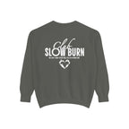 Dark gray oversized crewneck sweatshirt from thtgrlreads featuring white vintage puff print text "Club Slow Burn" and a heart graphic, part of the Book Bestie and Crewnecks collections.