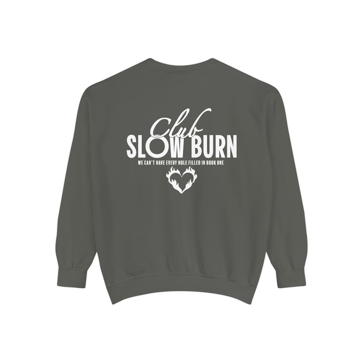 Dark gray oversized crewneck sweatshirt from thtgrlreads featuring white vintage puff print text "Club Slow Burn" and a heart graphic, part of the Book Bestie and Crewnecks collections.