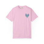 Thtgrlreads Zodiac Academy cozy Comfort Colors graphic tee in pastel pink featuring a small blue flame heart vintage puff print on chest, part of exclusive bookish apparel.