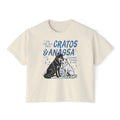 Thtgrlreads Wolves of Ruin collection cream comfort colors crop top featuring a vintage-style blue graphic of two wolves with "Cratos & Anassa" text, available via Printify.
