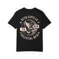 A Zodiac Academy inspired Comfort Colors graphic tee by thtgrlreads featuring a vintage-style wolf howling at the moon with celestial symbols and bold serif text on a black cotton base.