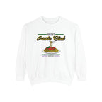 Oversized white Comfort Colors crewneck from thtgrlreads featuring vintage-style graphic and text reading "Harlow's Pasta Club" above a colorful pasta plate, part of The Poison Daughter collection and Crewnecks.