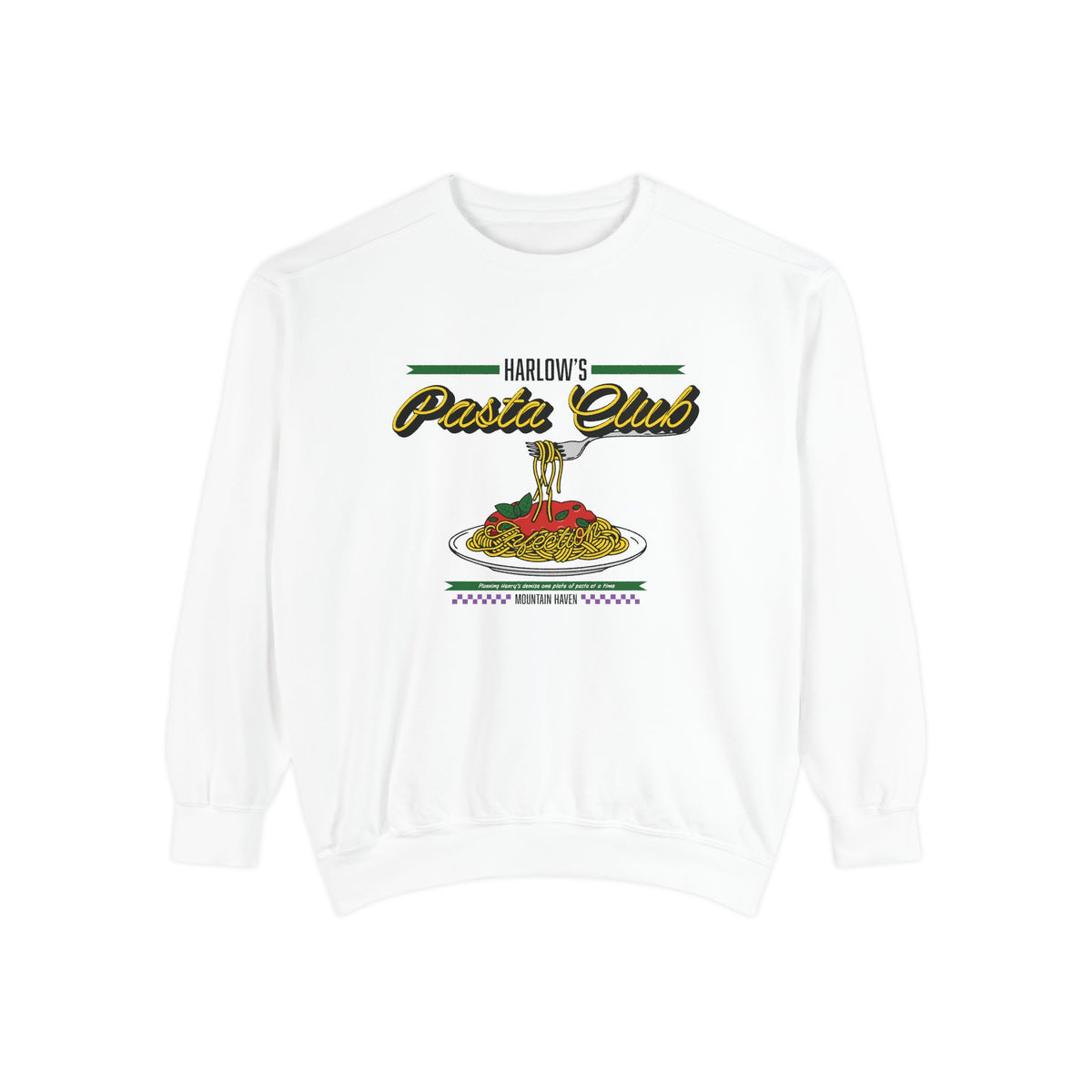 Oversized white Comfort Colors crewneck from thtgrlreads featuring vintage-style graphic and text reading "Harlow's Pasta Club" above a colorful pasta plate, part of The Poison Daughter collection and Crewnecks.