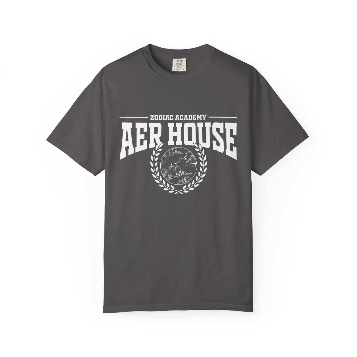 Thtgrlreads Zodiac Academy collection Comfort Colors graphic tee in vintage wash with bold white varsity-style "Aer House" text and laurel wreath emblem on charcoal gray fabric.