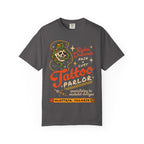 Ruthless Boys of the Zodiac tee from thtgrlreads featuring a vintage wash Comfort Colors graphic tee with a bold tattoo parlor design, skull and snake artwork, and retro lettering.