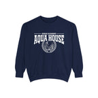 Thtgrlreads Zodiac Academy navy oversized crewneck sweatshirt featuring vintage puff print graphic of a moon and laurel wreath with "Aqua House" text, cozy and officially licensed.