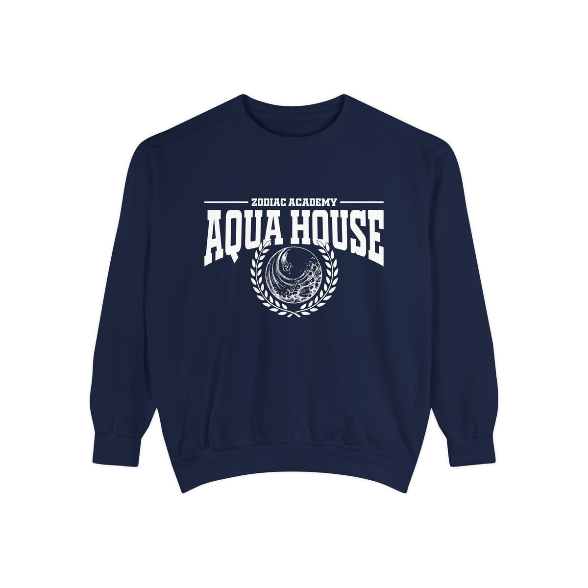 Thtgrlreads Zodiac Academy navy oversized crewneck sweatshirt featuring vintage puff print graphic of a moon and laurel wreath with "Aqua House" text, cozy and officially licensed.