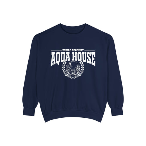 Thtgrlreads Zodiac Academy navy oversized crewneck sweatshirt featuring vintage puff print graphic of a moon and laurel wreath with "Aqua House" text, cozy and officially licensed.