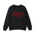 Black oversized crewneck sweatshirt from the Bloodwing Academy collection by Thtgrlreads, featuring vintage red gothic script and bat graphic inspired by Blake Drakharrow.