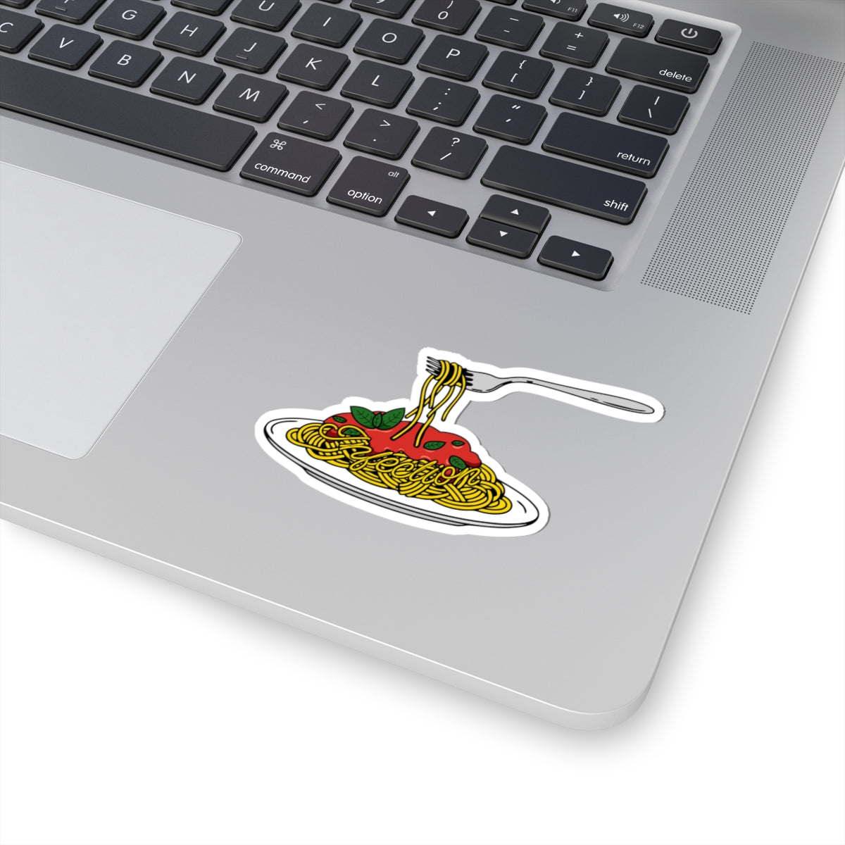 Sticker from thtgrlreads inspired by The Poison Daughter collection, featuring a colorful illustration of a fork twirling spaghetti with red sauce and basil leaves on a white plate.