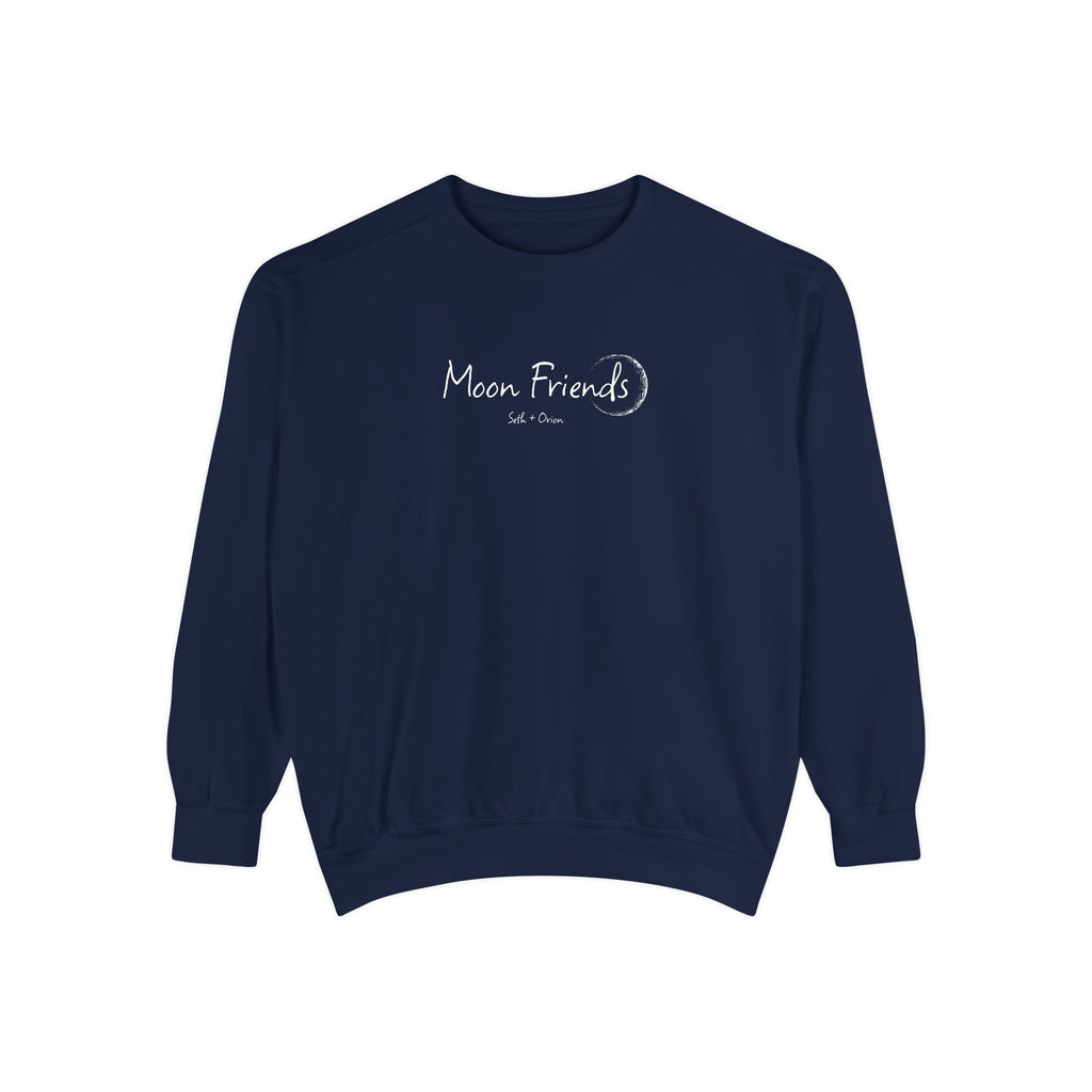 Zodiac Academy crewneck sweatshirt by thtgrlreads featuring a vintage-wash navy Comfort Colors base with delicate "Moon Friends" crescent moon graphic, cozy unisex fit.
