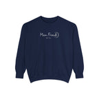 Zodiac Academy crewneck sweatshirt by thtgrlreads featuring a vintage-wash navy Comfort Colors base with delicate "Moon Friends" crescent moon graphic, cozy unisex fit.