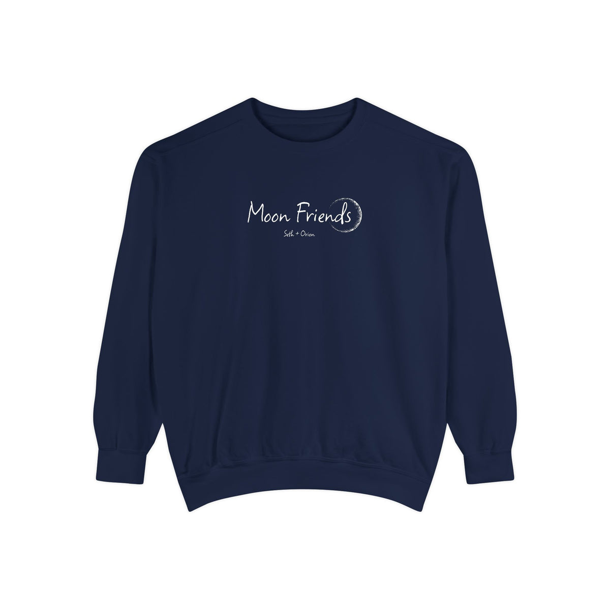 Zodiac Academy crewneck sweatshirt by thtgrlreads featuring a vintage-wash navy Comfort Colors base with delicate "Moon Friends" crescent moon graphic, cozy unisex fit.