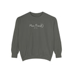 Thtgrlreads Zodiac Academy cozy Comfort Colors oversized crewneck sweatshirt in vintage washed gray with delicate "Moon Friends" script and crescent moon graphic on chest.
