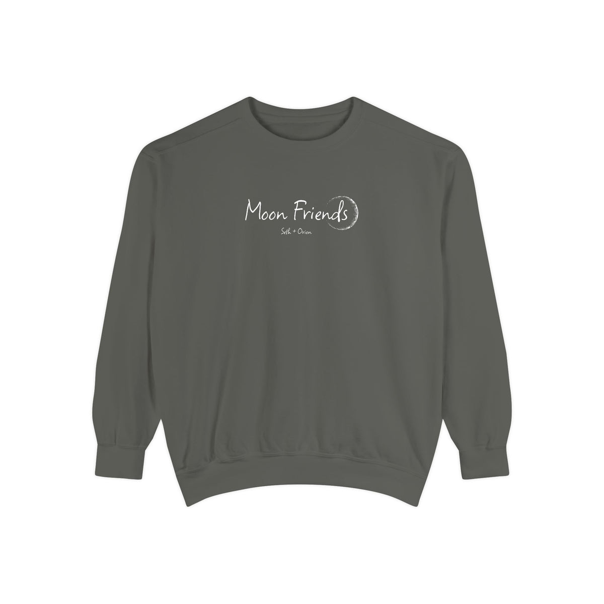 Thtgrlreads Zodiac Academy cozy Comfort Colors oversized crewneck sweatshirt in vintage washed gray with delicate "Moon Friends" script and crescent moon graphic on chest.