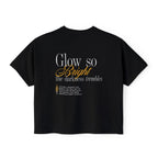 Kindred's Curse Saga crop top by thtgrlreads featuring a black Comfort Colors vintage wash crop t-shirt with a text design "Glow so Bright the darkness trembles" in white and gold script, part of officially licensed bookish apparel collections including gid://shopify/Collection/449367539962 and gid://shopify/Collection/467491553530.