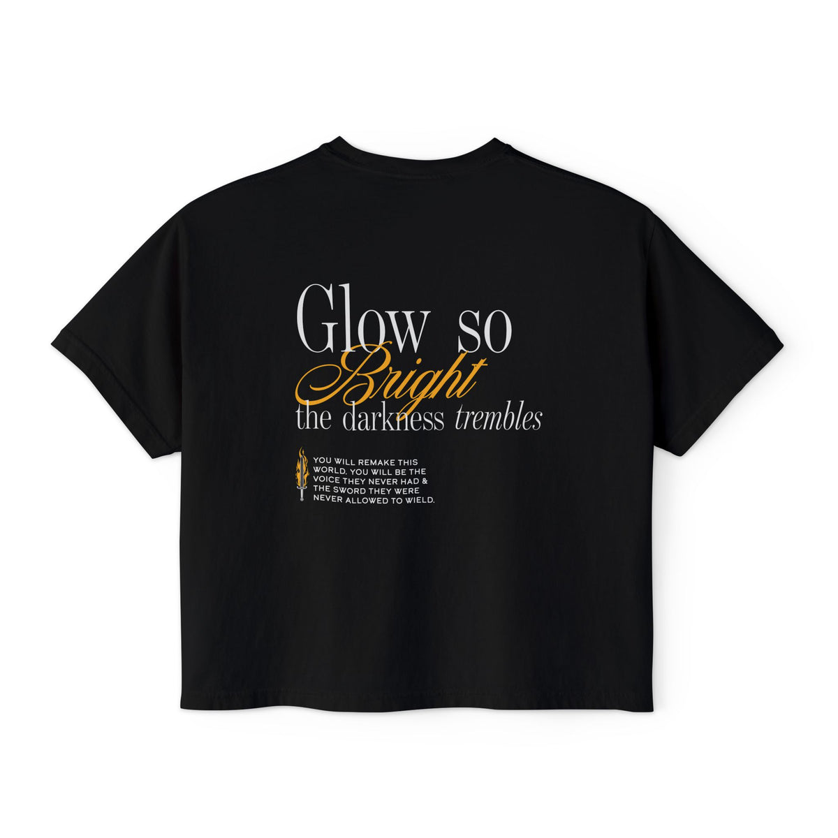 Kindred's Curse Saga crop top by thtgrlreads featuring a black Comfort Colors vintage wash crop t-shirt with a text design "Glow so Bright the darkness trembles" in white and gold script, part of officially licensed bookish apparel collections including gid://shopify/Collection/449367539962 and gid://shopify/Collection/467491553530.