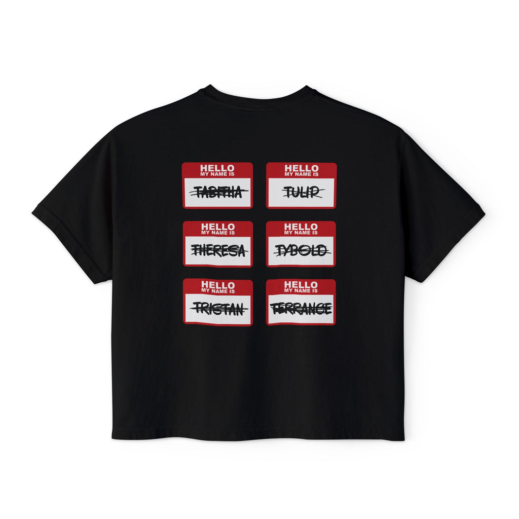 Thtgrlreads Kindred's Curse Saga crop top featuring a vintage wash Comfort Colors base with printed name tag graphics crossed out for a bold bookish design.