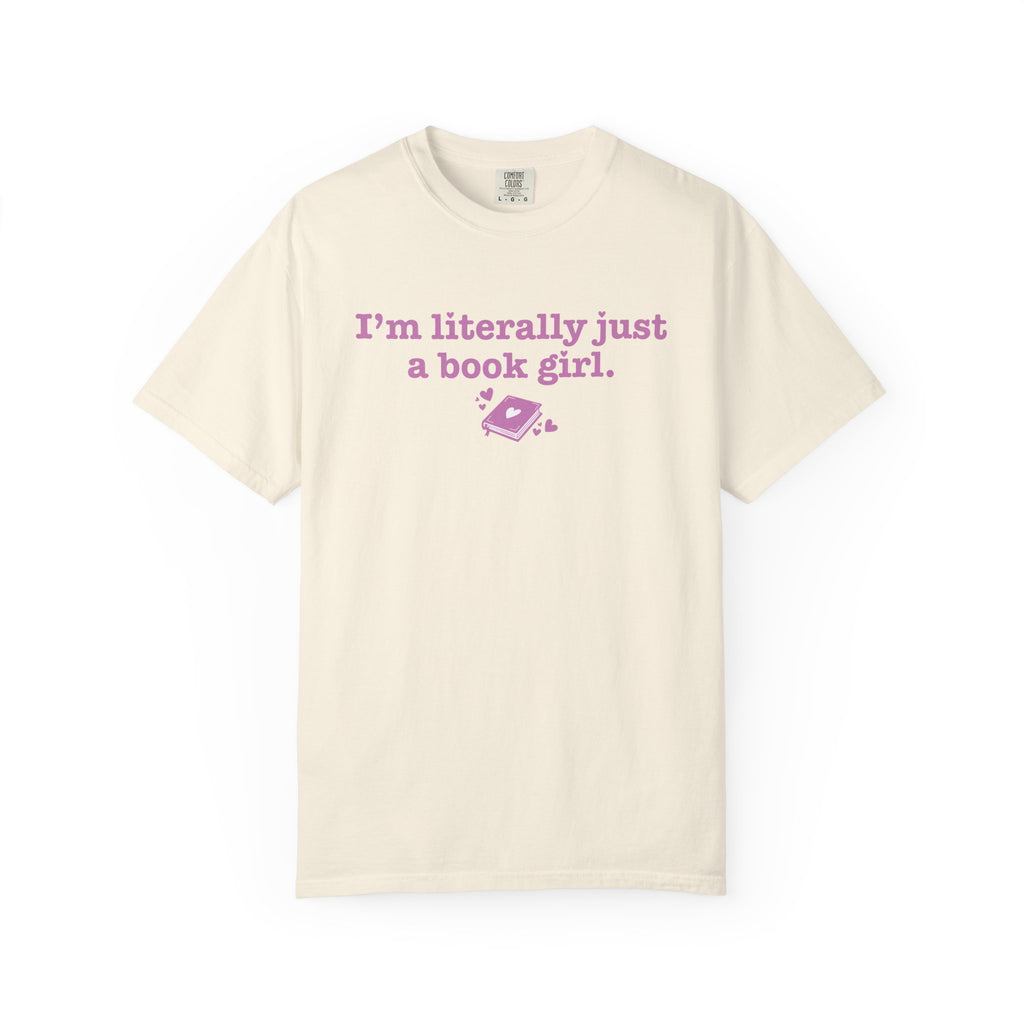 thtgrlreads Book Bestie collection cream Comfort Colors graphic tee with vintage wash, featuring pink printed text "I'm literally just a book girl" and a small book graphic.