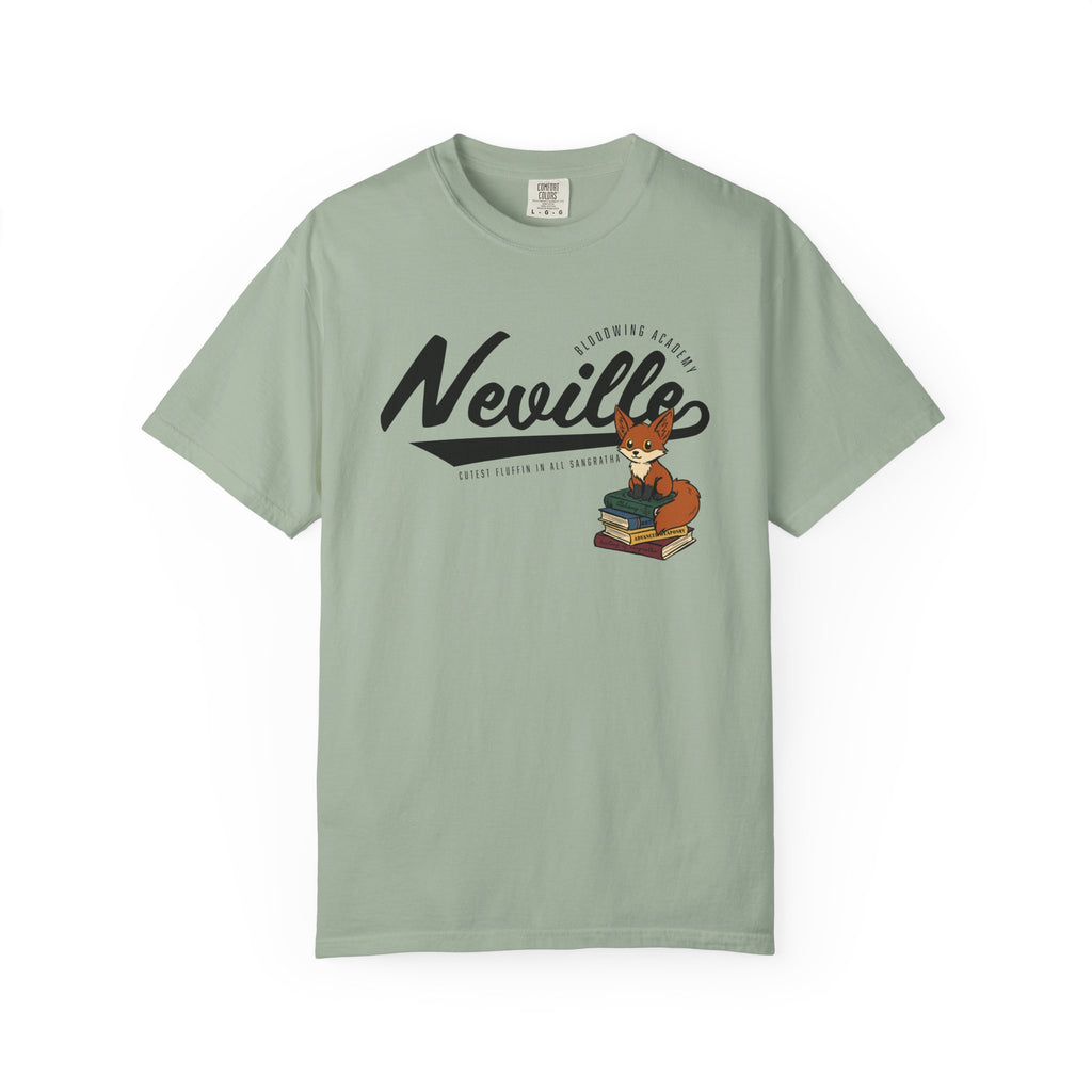Thtgrlreads Bloodwing Academy collection comfort colors graphic tee featuring vintage wash sage green fabric and a playful fox illustration sitting on stacked books with stylized "Neville" text.