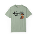 Thtgrlreads Bloodwing Academy collection comfort colors graphic tee featuring vintage wash sage green fabric and a playful fox illustration sitting on stacked books with stylized "Neville" text.